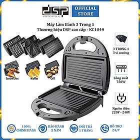 Máy Làm Bánh đa năng 3 trong 1 thương hiệu DSP KC1049 - 3 loại vỉ nướng đi kèm - Công suất 750W - Hàng Nhập Khẩu