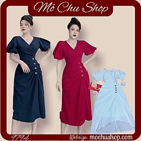 ĐẦM XÒE ĐẮP CHÉO NGỰC TAY BỒNG KẾT NÚT EO 74261890 [MỎ CHU SHOP
