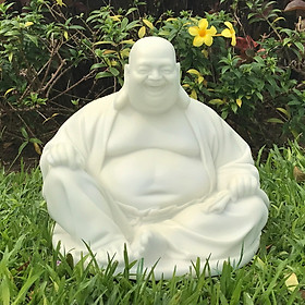 Tượng Phật di lặc ngồi cười đẹp bằng đá trắng nhân tạo Non Nước, 32cm, để thờ cúng, để bàn thờ, trang trí trong nhà, sân vườn