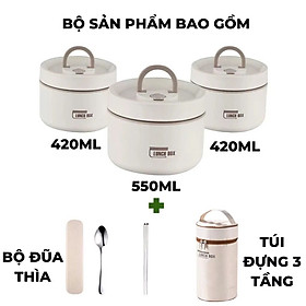 Bộ Hộp Cơm Giữ Nhiệt Văn Phòng Cao Cấp Gồm 3 Hộp 1 Túi Đựng 3 Tầng 1 Bộ Đũa Thìa