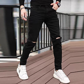 Quần Skinny Jeans Nam-Màu Đen-Kiểu Trơn- rách gối -Chất Liệu Cotton Co Giãn-Ống Đứng Dáng-Ống Ôm Côn Chuẩn