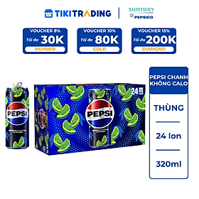 Thùng 24 Lon Nước Uống Có Gaz Pepsi Vị Chanh Không Calo (320ml/Lon)