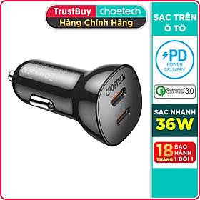 Củ Sạc Điện Thoại Ô Tô 40W, 2 Cổng Type-C PD 20W CHOETECH TC0008 V2 - Hàng Chính Hãng