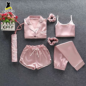 Bộ đồ lụa nữ pijama màu Hồng Phấn mặc nhà siêu đẹp, sang chảnh, 1 bộ lên tới 7 chi tiết