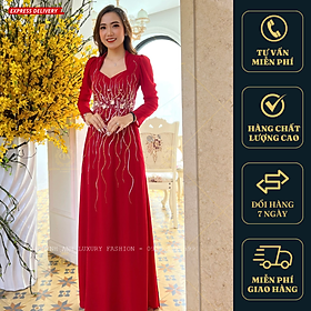 Áo Dài Dạ Hội Cổ Nữ Hoàng Đỏ Tay Dài Đính Đá Cao Cấp Hera Dress