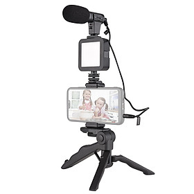 Vlog Kit Mini LED Video Light + Super Cardioid Condenser Microphone + Extendable Phone Clip + Tripod + Remote Shutter