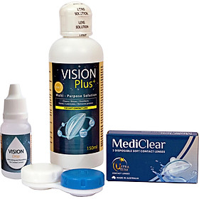 COMBO B Một Cặp Kính Áp Tròng Australia Cận Thị Mediclear 3 Tháng  Nước Ngâm  Nhỏ Mắt  Khay Đựng - 2.25