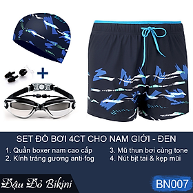Combo đồ bơi nam giới, set 4,5 chi tiết Quần boxer 2 lớp + Kính bơi anti fog + Mũ + Bịt tai kẹp mũi + Túi đựng, mẫu cao cấp đẹp | BN007
