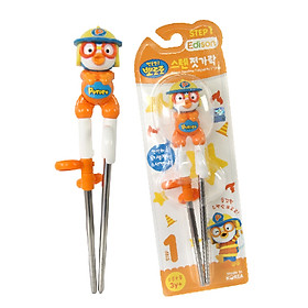 Đũa tập ăn xỏ ngón inox cho bé từ 3 tuổi hình Pororo màu cam chính hãng