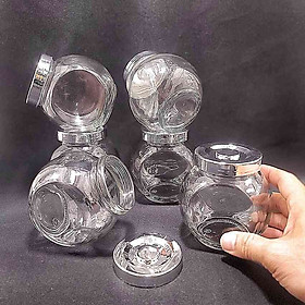 Mua Hũ đựng gia vị đẹp 380ml (combo 6 hủ) mẫu Tròn Dẹt kiểu Nghiêng 2 đáy - Nắp nhựa màu bạc - Hũ thủy tinh đựng mứt kẹo  mật ong  sữa ong chúa  thực phẩm  mỹ phẩm