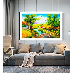 Tranh Sơn dầu Phong cảnh Làng quê Việt Nam nghệ thuật. , Khung hợp nhôm chống ẩm, bền, đẹp, nhiều kích thước. Phù hợp nhiều không gian sang trọng