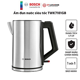 Ấm đun nước siêu tốc Bosch TWK7101GB dung tích 1.7L - 3000W - Thép không gỉ - Tấm lọc cặn vôi Limescale [Hàng chính hãng]