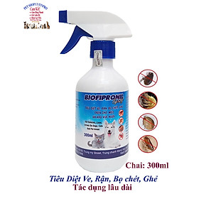 Chai xịt tiêu diệt sạch ve rận bọ chét ghẻ cho Chó, Mèo BioFipronil chai 300ml Tác dụng lâu dài Sx tại Việt Nam