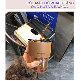 Cốc thủy tinh GorGous bọc da có nắp kèm ống hút, Ly thuỷ tinh GorGous bọc da sang chảnh chống bỏng pha sữa cafe 450ml