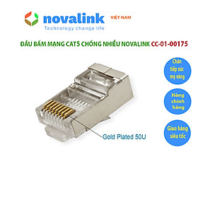 Đầu bấm mạng RJ45 cat5 chống nhiễu Nova CC-01-00175, Chân cắm mạ vàng 50U, vỏ bọc kim chống nhiễu - Hàng chính hãng