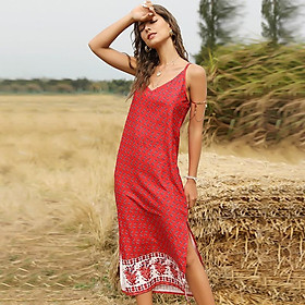 Sexy Women Summer Floral Print Dress Spaghetti Strap V Neck Sleeveless Split Hem Bohemian Holiday Dress