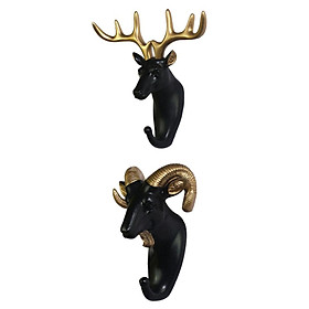 2Pcs Resin Animal Head Hook Hat Key Wall Hanger Black-Golden Decoration