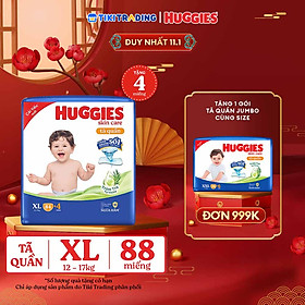 Tã/bỉm quần Huggies Skin Care Mega Jumbo XL84+4 miếng với tràm trà dịu da