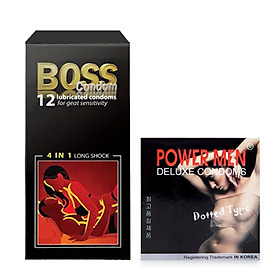 Bao cao su boss 4in1 12s siêu gai li ti + bao cao su powermen dotted 3s