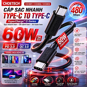 Mua Dây sạc nhanh QC PD 3.0 60W HyperCharge C-Series USB-C to Type C Choetech cho iPhone / iPad 15 16 17 Pro Max Plus Fold - tiêu chuẩn CE  FCC  RoHS  480Mbps | CHIP E-MARKER THÔNG MINH - Hàng nhập khẩu
