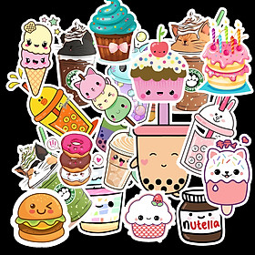 Sticker Food set 60 ảnh decal hình dán ép lụa đồ ăn trà sữa. kem, bánh