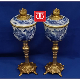Mua ĐÔI ĐÈN DẦU CHÂN ĐỒNG VẼ SƠN THUỶ 43CM CẢ BÓNG