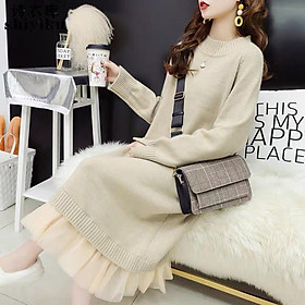 MS838 Váy đầm len nữ trơn chân ren 2 tầng tiểu thư