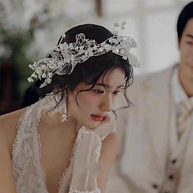 Băng đô cài tóc cô dâu trắng ren hoa nhí mẫu mới t12/2024