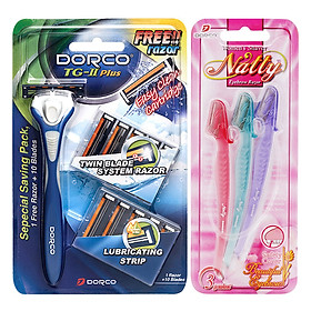 Combo Vỉ 3 Dao Cạo Chân Mày Cho Nữ Dorco Natty Eyebrow + Dao Cạo 2 Lưỡi Dorco TG-II Plus System LI 0003 3B - TNA 3004 + 10 Đầu Thay Thế (Tặng 1 Khăn Tắm Dorco)