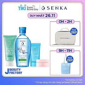 Bộ sản phẩm Senka làm sạch và chống nắng dành cho da mụn - Tặng Kem dưỡng trắng da ban đêm Senka 15g