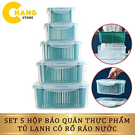 Set 5 Hộp Đựng Thực Phẩm Có Nắp Đậy Cao Cấp - Khay Nhựa Để Tủ Lạnh Kèm Rổ Ráo Nước Bảo Quản Thức Ăn An Toàn Tiện Lợi