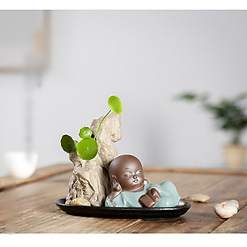 Mua Tượng Chú Tiểu Cầm Kì Thi Họa Bên Chậu Núi Đế Gốm Đen