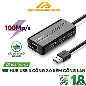 HUB USB 3 cổng 2.0 kèm cổng mạng LAN 10/100Mbps UGREEN CR103 20264 - Hàng Chính Hãng