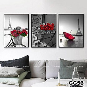Tranh treo tường canvas khung gỗ 3 bức phong cách hiện đại Bắc Âu tranh hoa hồng trang trí phòng khách phòng ngủ spa 56