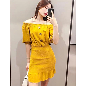 Đầm suông vàng nhún thun trễ vai  26DS018