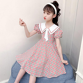 DONGSHOP HOT Váy mùa hè cho bé gái 2023 Trẻ em cổ áo hải quân Hàn Quốc váy kẻ sọc đỏ
