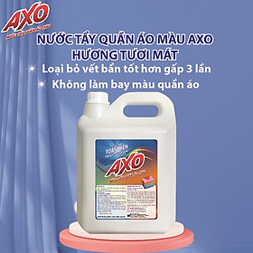 Nước tẩy quần áo màu đánh bay vết bẩn AXO can 5 Lít Tiết Kiệm Hương Hoa Đào/Tươi Mát