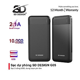 Sạc dự phòng 2 cổng USB G05 dung lượng 10000mAh thiết kế nhỏ gọn năng động SD Design thích hợp đem đi du lịch