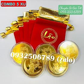 COMBO 5 Đồng Xu hình Mèo kim loại vàng , kèm túi gấm đỏ LỘC may mắn làm quà tặng, Tiền lì xì tết 2023 , NELI