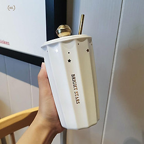 Ca sứ kèm ống hút inox vàng kim | Cốc Hot Trend 2022 | Ly 2 lớp có nắp đậy kèm ống hút Size To nắp sứ có doăng Doremon