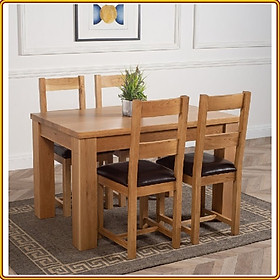 Bộ bàn ghế phòng ăn gỗ sồi Tundo màu vàng tự nhiên 1m4 kèm 4 ghế nệm 2 nan