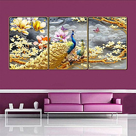 Bộ tranh treo tường 3 tấm trang trí phòng khách, phòng ngủ phong cách mỹ thuật hiện đại chất liệu cán pvc gương:4411L15S