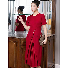 Đầm đỏ xếp ly tà đắp NGADO , đầm nữ , đầm công sở , dự tiệc
