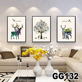 Mua Tranh treo tường canvas khung gỗ 3 bức phong cách hiện đại Bắc Âu tranh hươu trang trí phòng khách phòng ngủ spa 45