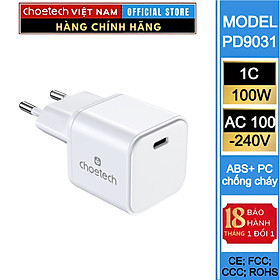 Mua Củ sạc siêu nhanh GaN 100W 1C Choetech PD9031 nhỏ gọn cho laptop và điện thoại (Hàng chính hãng)