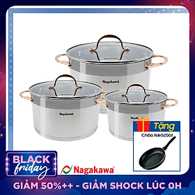 Bộ 3 Nồi Inox Cao Cấp 5 đáy Nagakawa NAG1352 (16cm, 20cm, 24cm) Dùng Cho Mọi Loại Bếp - Hàng Chính Hãng
