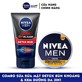 Combo NIVEA MEN chăm sóc da cho nam Sữa rửa mặt Detox Bùn khoáng giảm mụn (100g) - 83940 & Kem dưỡng da 3in1 giúp sáng da cấp ẩm (30g) - 83923