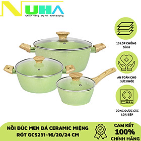 Bộ 3 nồi đúc men đá ceramic Size 16/20/24cm 10 lớp chống dính, miệng rót Green Cook GCS231 sử dụng được các loại bếp-Hàng chính hãng