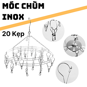 Móc chùm phơi đồ 20 cái kẹp inox không rỉ - Móc phơi đồ trẻ em treo được nhiều đồ - Chịu lực tốt