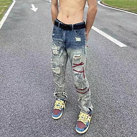 Quần jean nam nữ Unisex rách gối họa tiết thêu phong các đường phố,quần Miuzi DT115